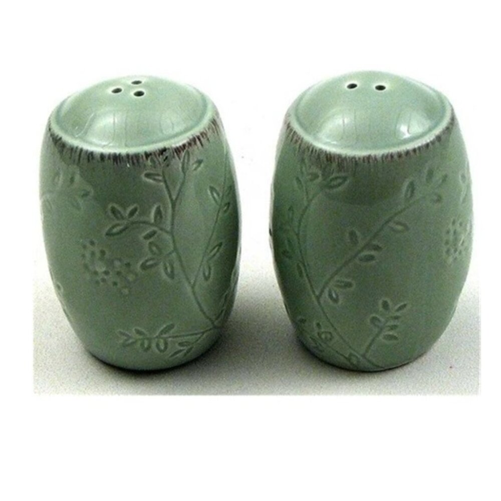 Ceramic Green Engraved Leaves Salt and Pepper Set 3" tall by 2 " wide 29949